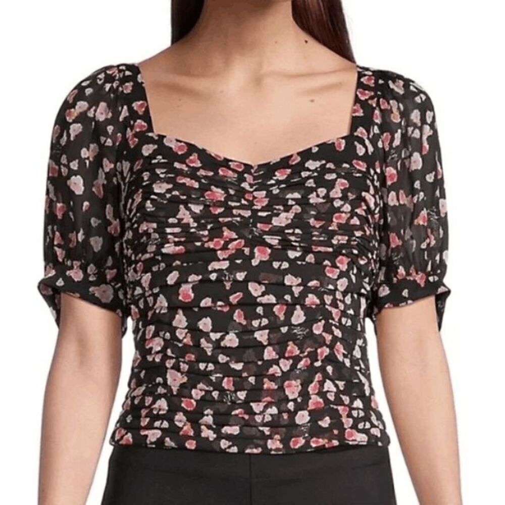 KARL LAGERFELD PARIS Women's Floral Printed Ruched Puff-Sleeve Blouse XS